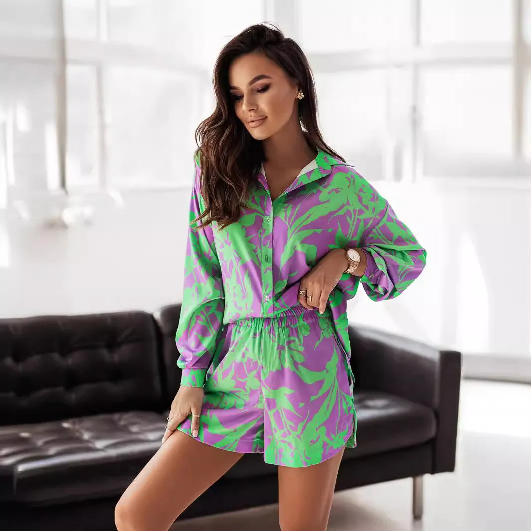 Women Fashion Casual Lapel Button Long Sleeve Shirt Shorts Two-Piece Set