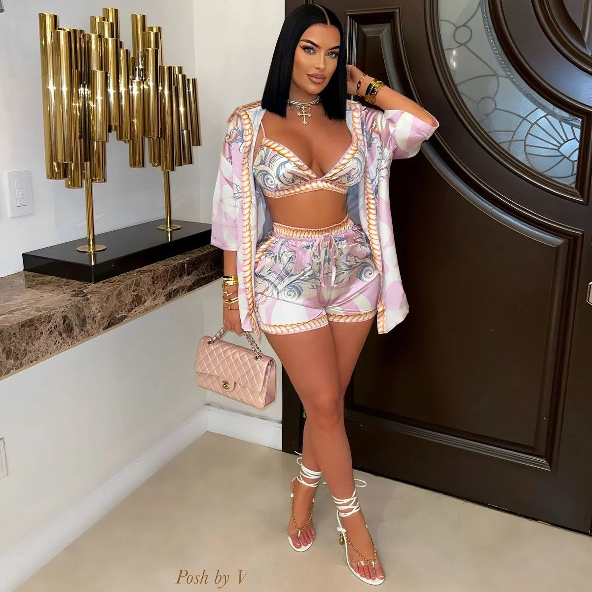 Women Fashion Casual Print Crop Top Lapel Short-Sleeve Coat Slim Fit Shorts Three-Piece Set