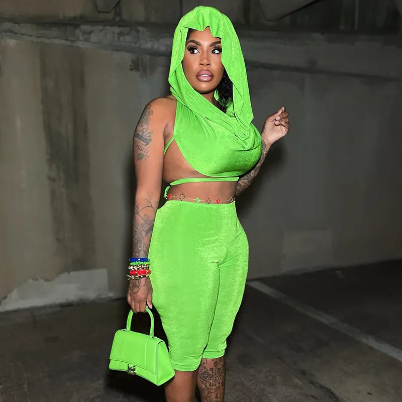 Women Fashion Sexy Solid Color Crop Top Backless Hoodies Tight Pants Two-Piece Set