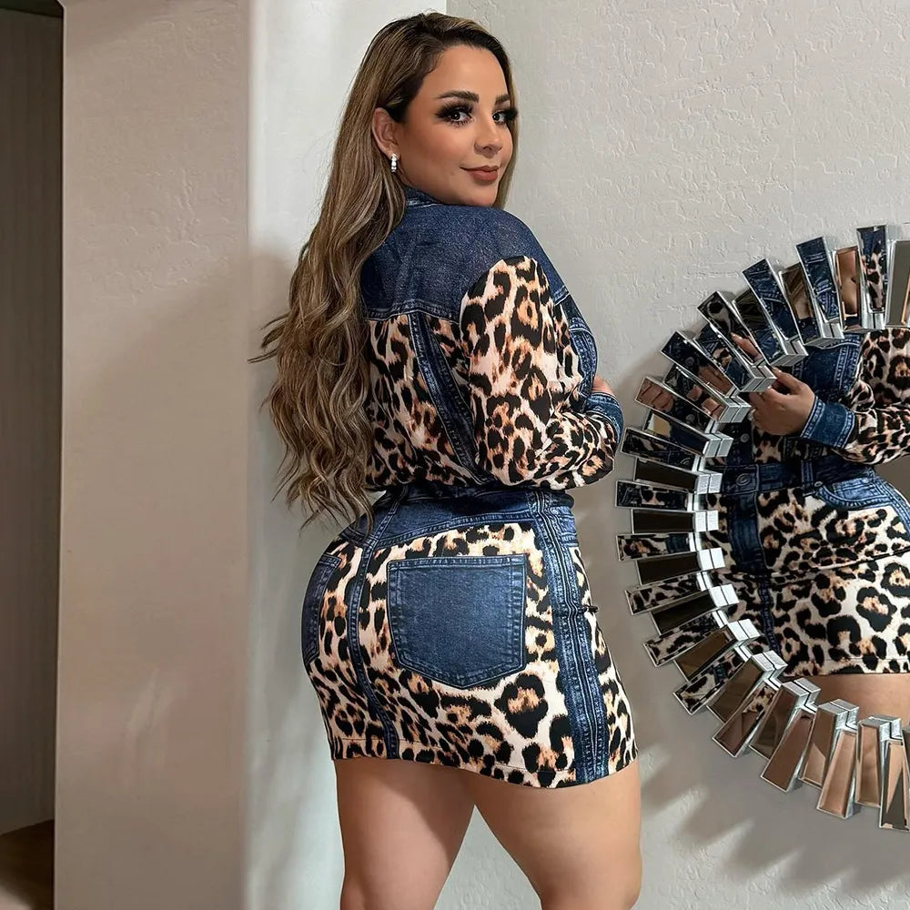 Women Fashion Sexy Leopard Printed Lapel Long Sleeve Button Top Tight Skirt Two-Piece Set