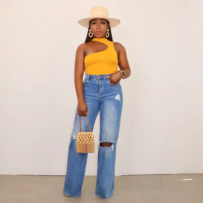Ripped Wide Leg Straight Jeans