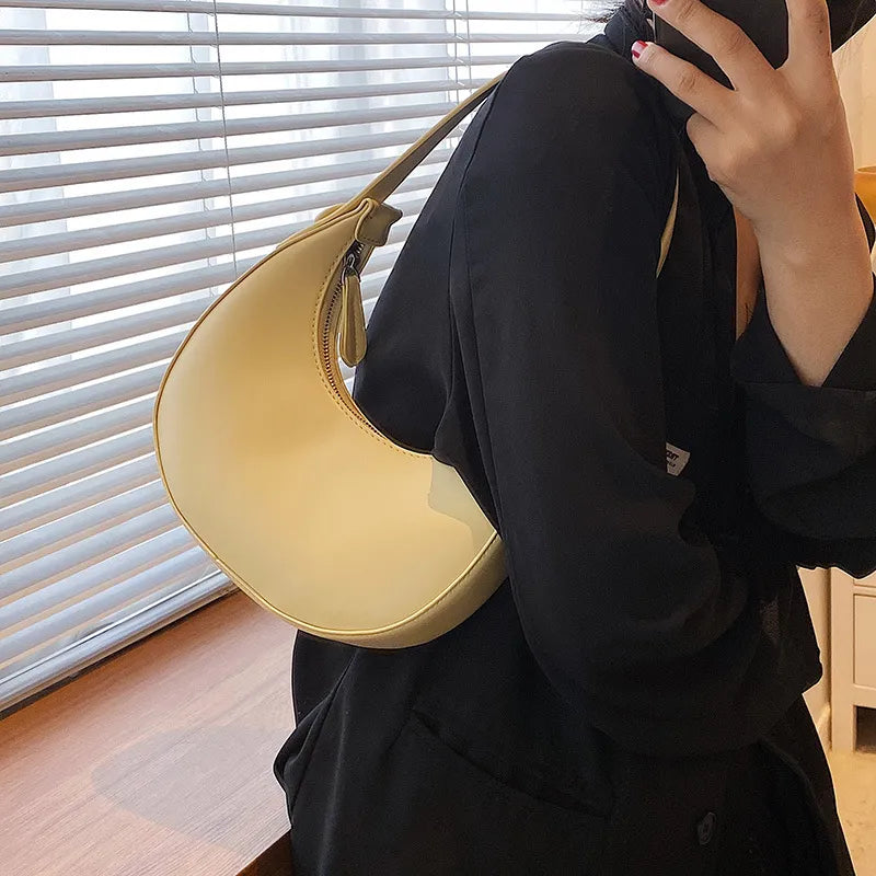 Simple Solid Color PU Zipper Half Circle Shoulder Underarm Bag
