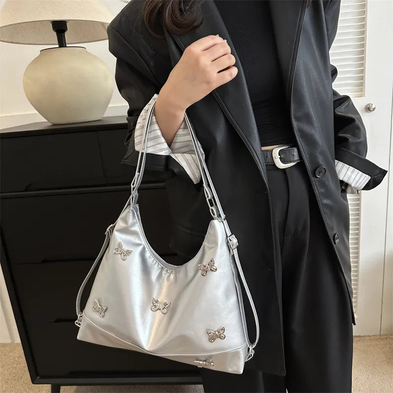 Solid Color Butterfly Rhinestone Large Capacity Shoulder Bag