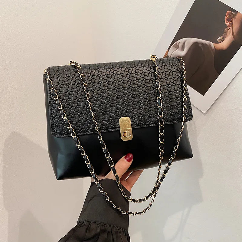 Women Fashion Solid Color Splicing Chain Shoulder Bag