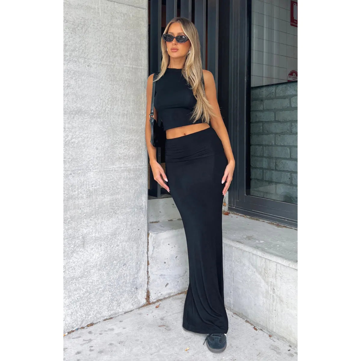 Women Solid Color Round Neck Sleeveless Crop Top Skirt Two-Piece Set