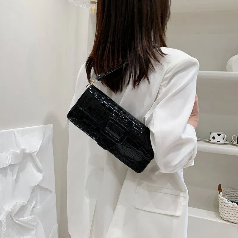 Crocodile Pattern Solid Color Shoulder Handle Bag