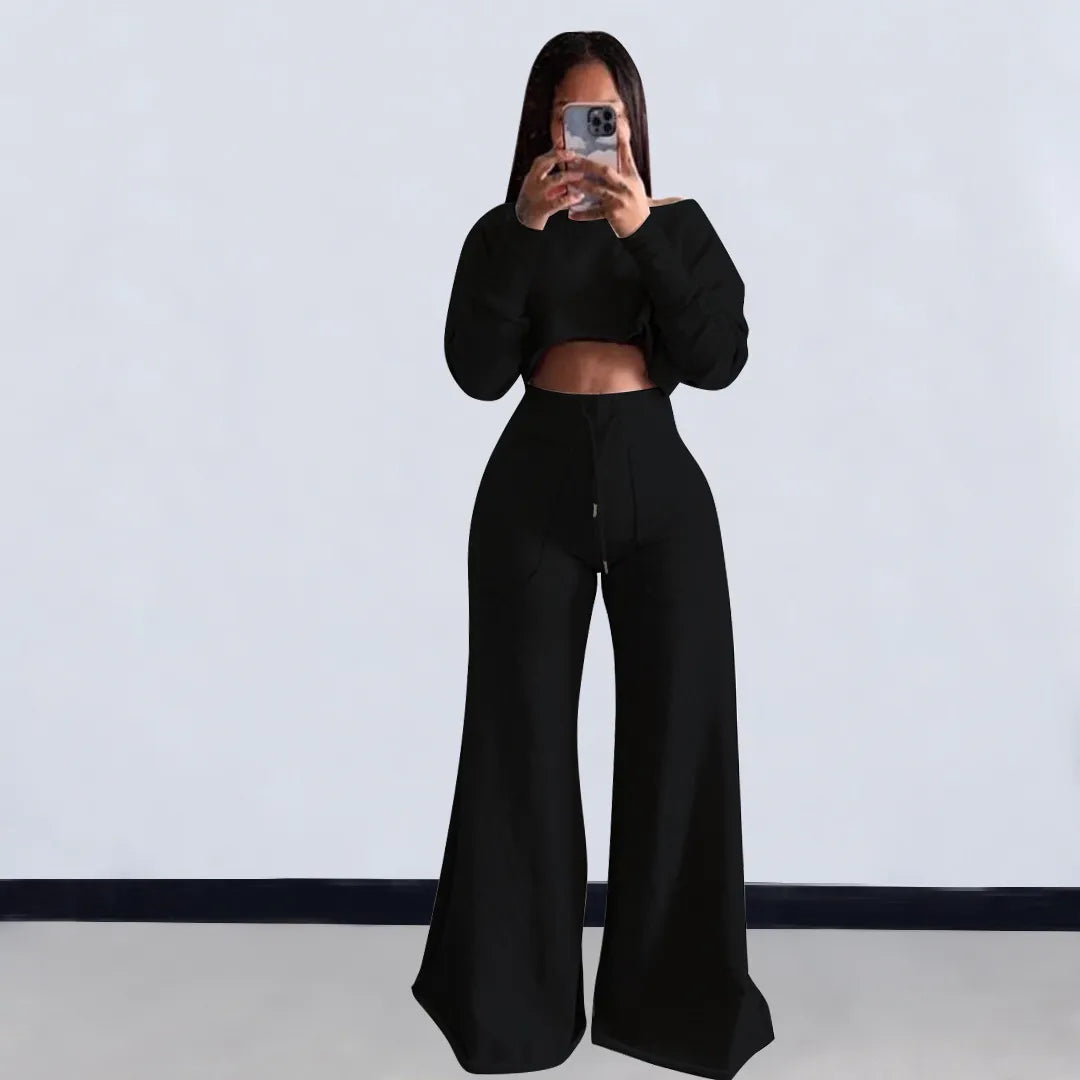 Women Fashion Casual Solid Color Long-Sleeve Crop Top Slim-Fit Pants Two-Piece Set