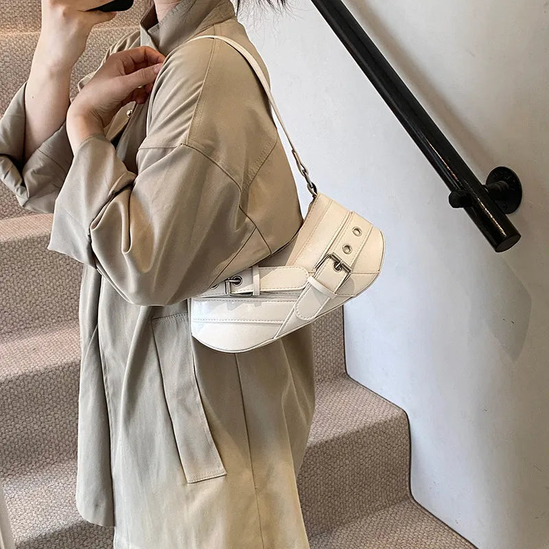 Women Fashion Casual Retro Solid Color Belt Baguette Shoulder Bag