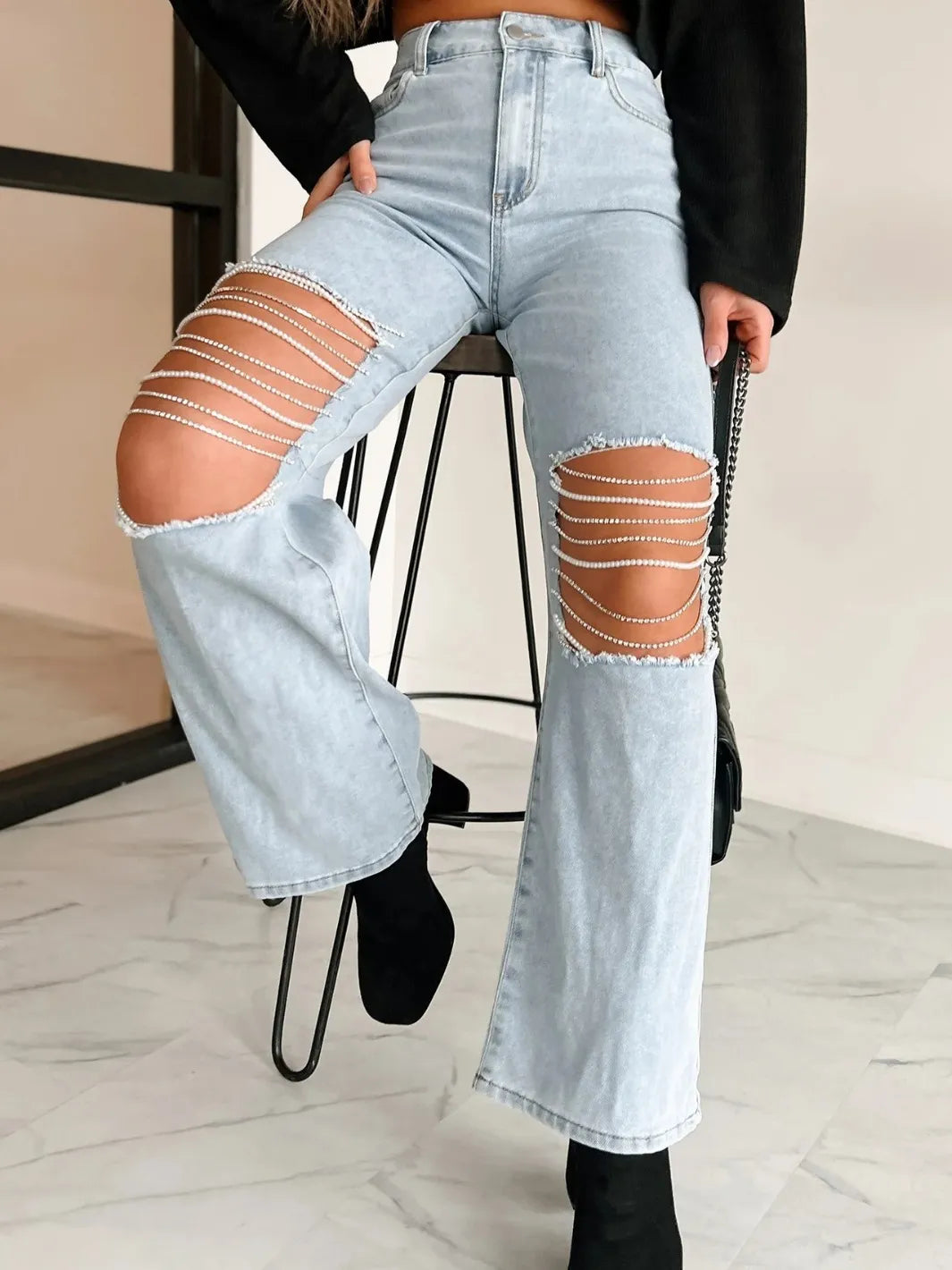 Hollow Ripped Chain Straight Jeans