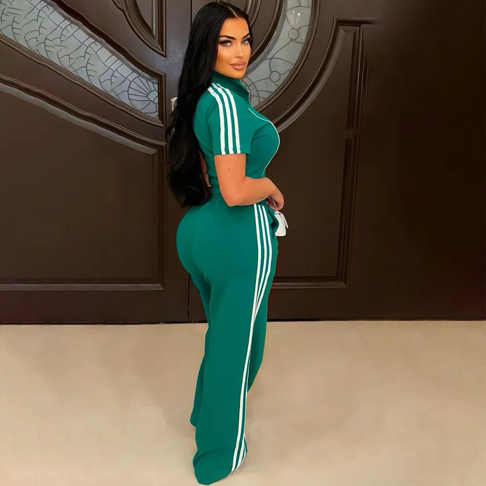Women Fashion Casual V-Neck Zipper Short-Sleeved Crop Top Drawstring Loose Pants Two-Piece Set