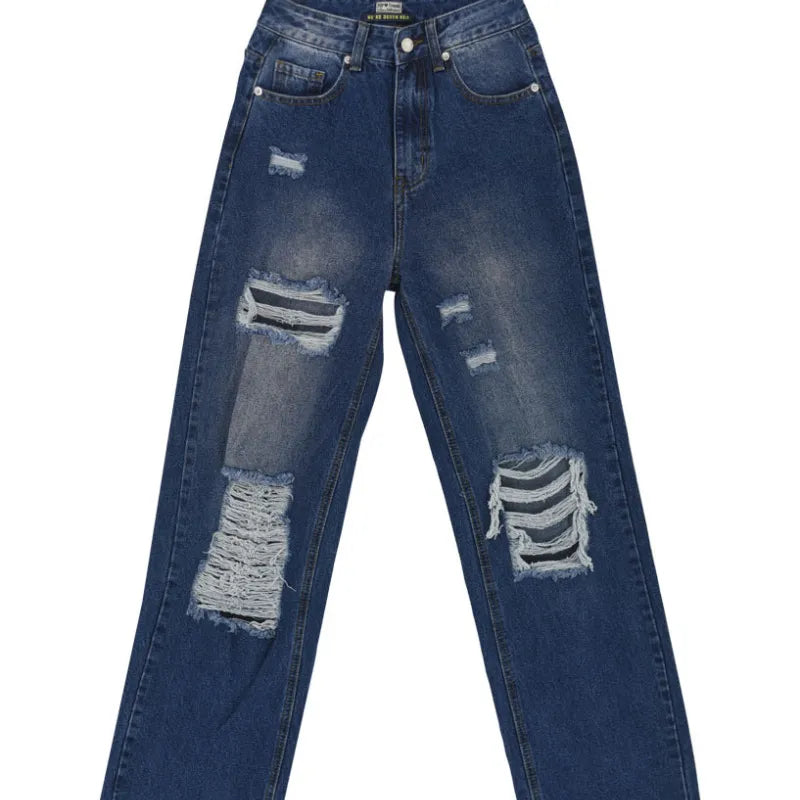 Women Simple High Waist Ripped Loose Straight Jeans