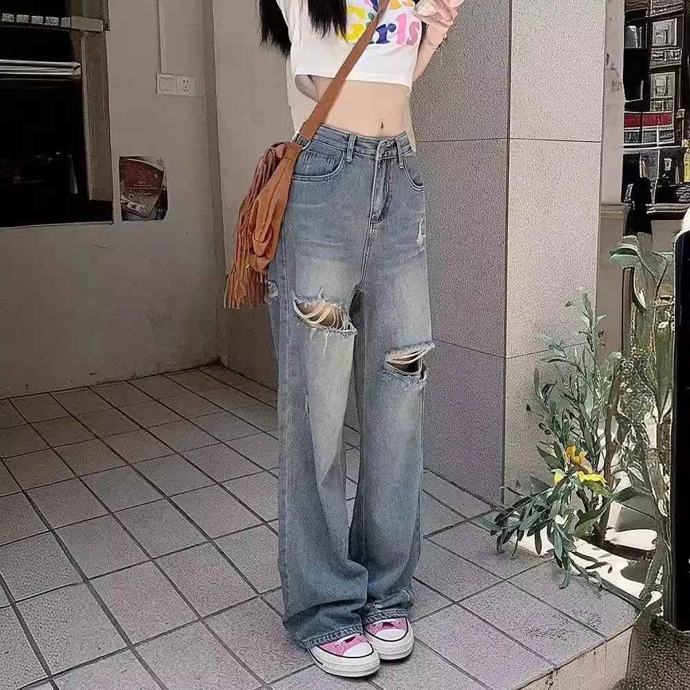 Retro Ripped Loose Wide-Leg Jeans