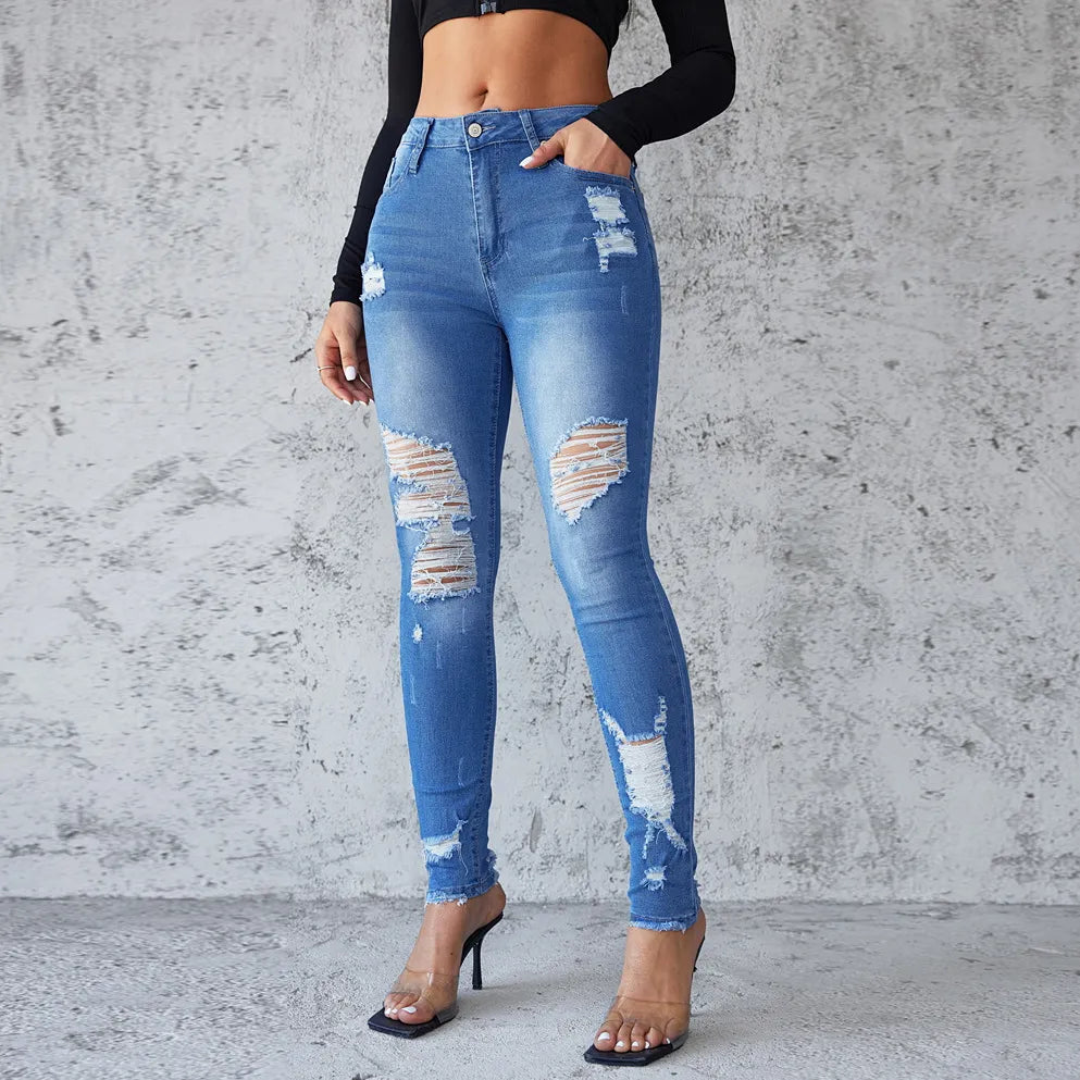 High Waist Stretch Ripped Jeans