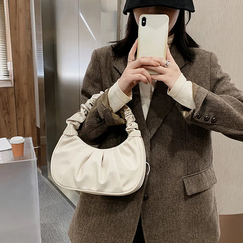 Women Casual Creative Crease Design Solid Color Pu Handle Bag