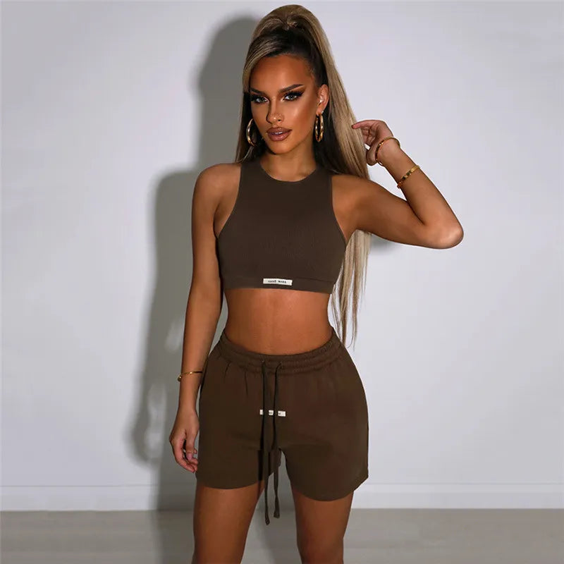 Women Basic Sports Edgy Solid Color Sleeveless Crop Tank Top And Loose Shorts Set