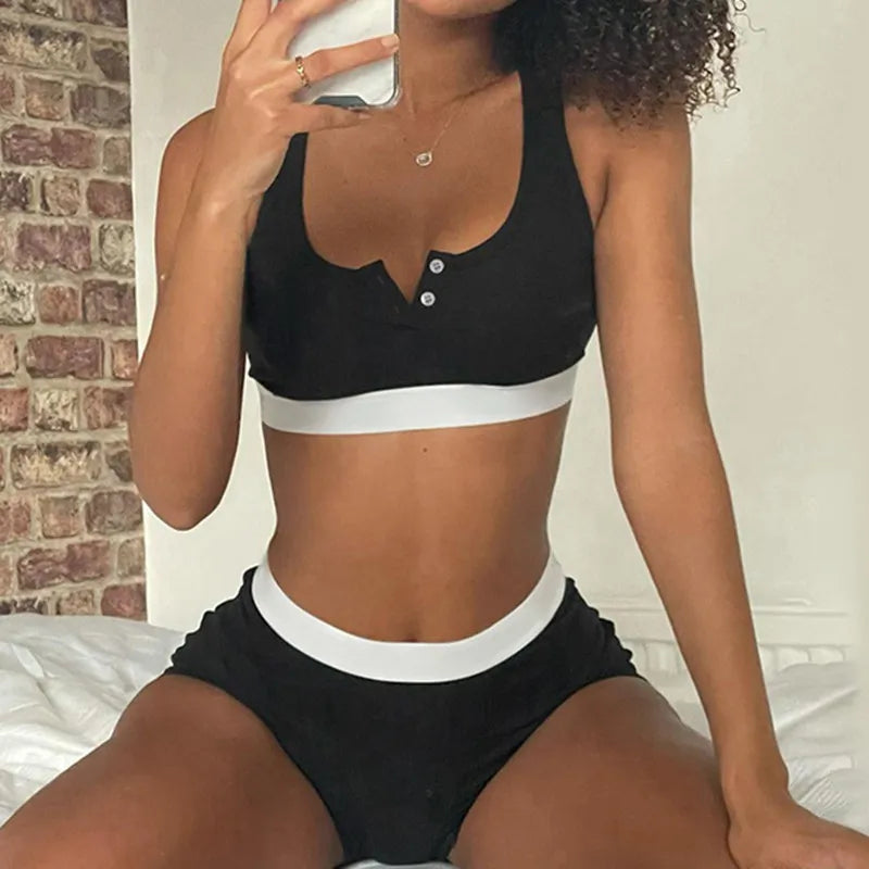 Casual Style Contrasting Color Sports Fashion Crop Tank Top High Waist Shorts Women Set