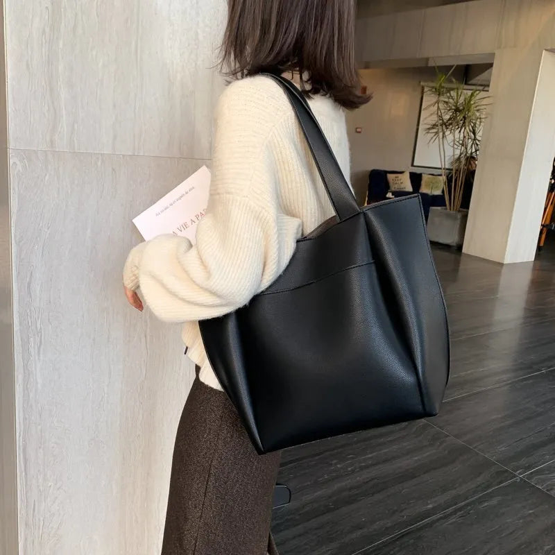 Basic Solid Color Large Capacity PU Shoulder Bag