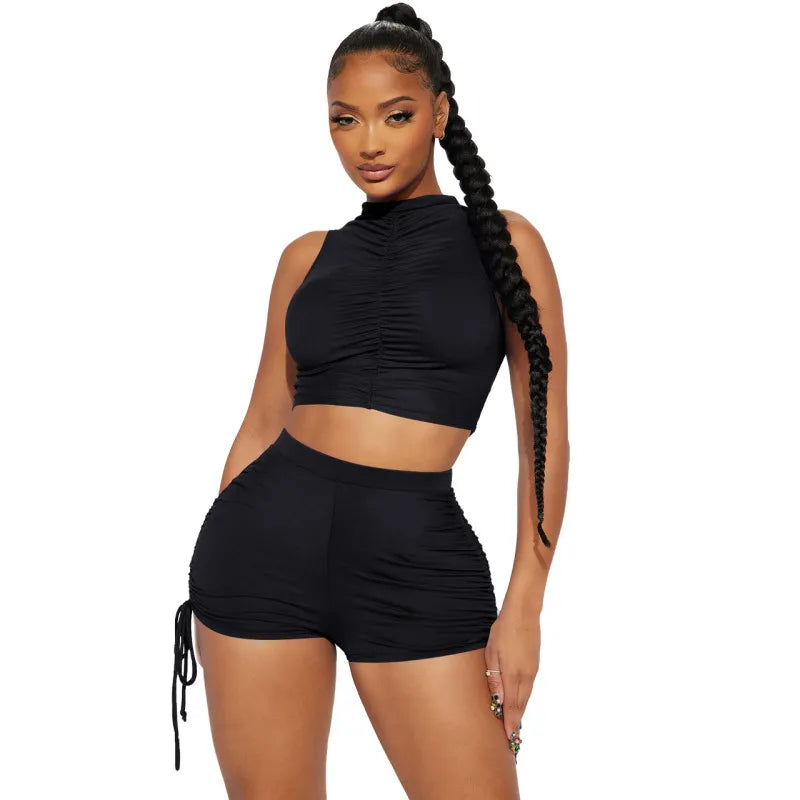 Women Athleisure Fashion Casual Solid Color Crop Top Drawstring Shorts Two-Piece Sports Set