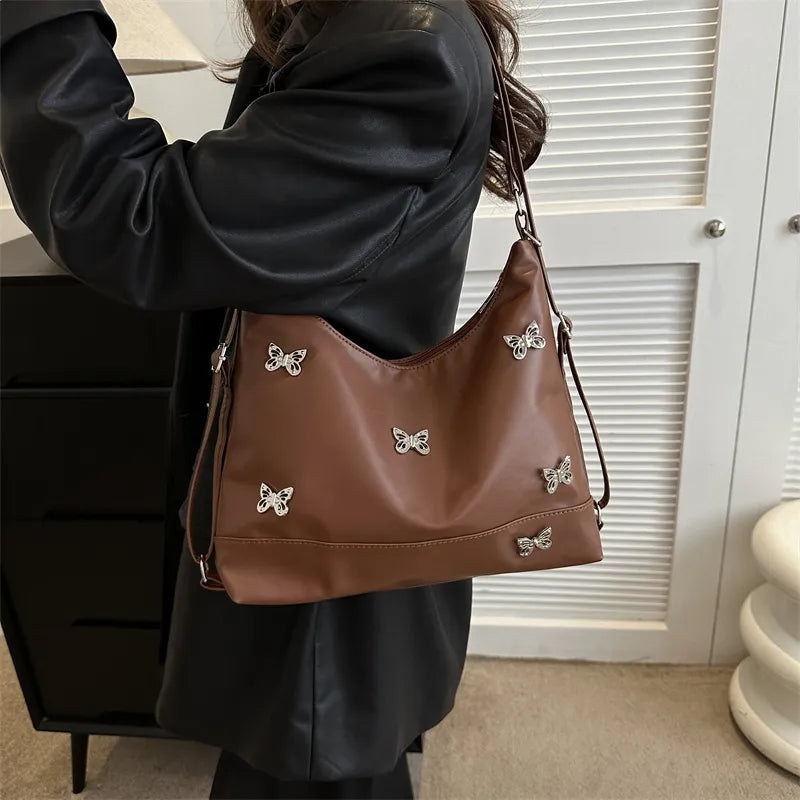 Solid Color Butterfly Rhinestone Large Capacity Shoulder Bag