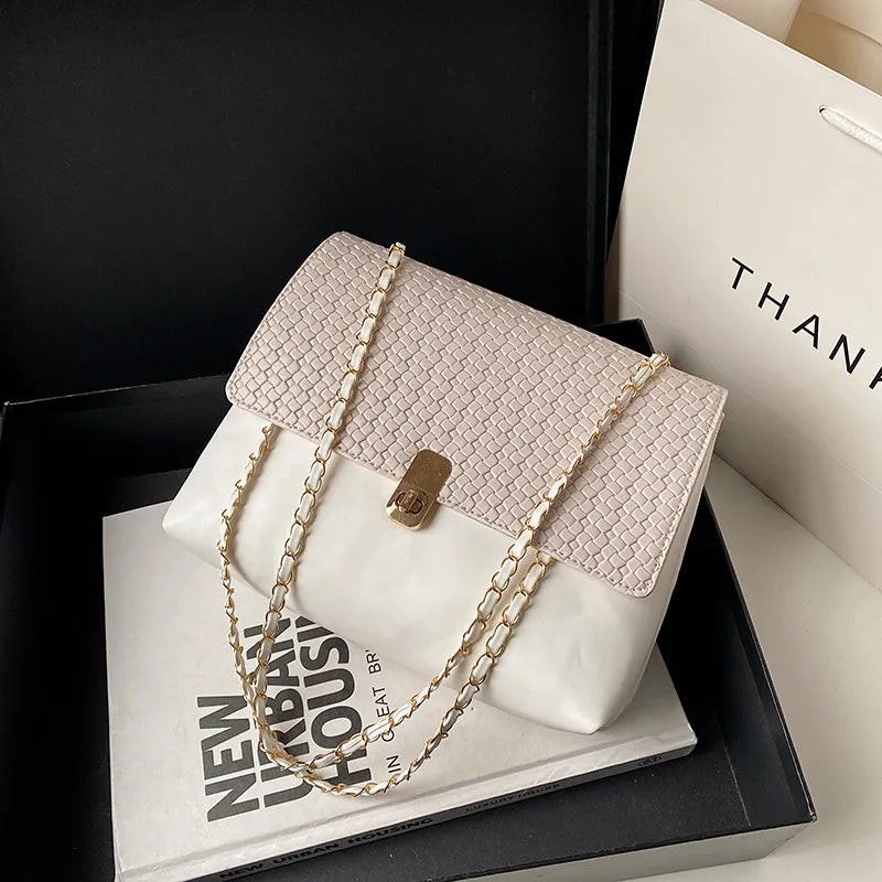 Women Fashion Solid Color Splicing Chain Shoulder Bag