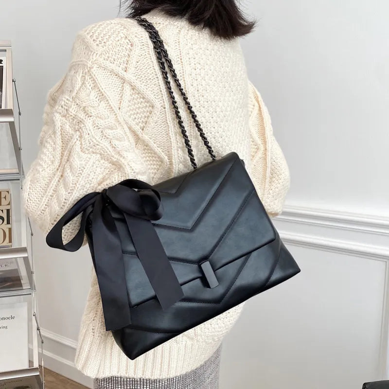 Women Autumn Elegant Chain Design Silk Scarf Decoration Solid Color PU Shoulder Bag