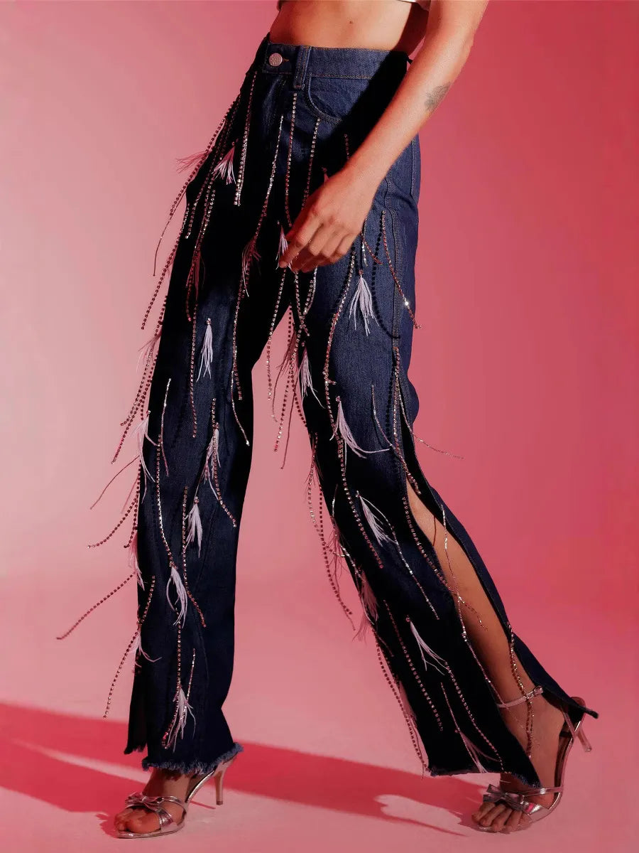 Feather Tassel Split Jeans