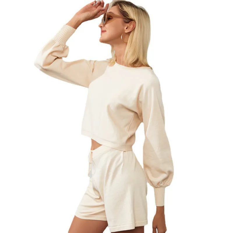Women Casual Solid Color Knitted Long-Sleeve Sweater Drawstring Shorts Two-Piece Set