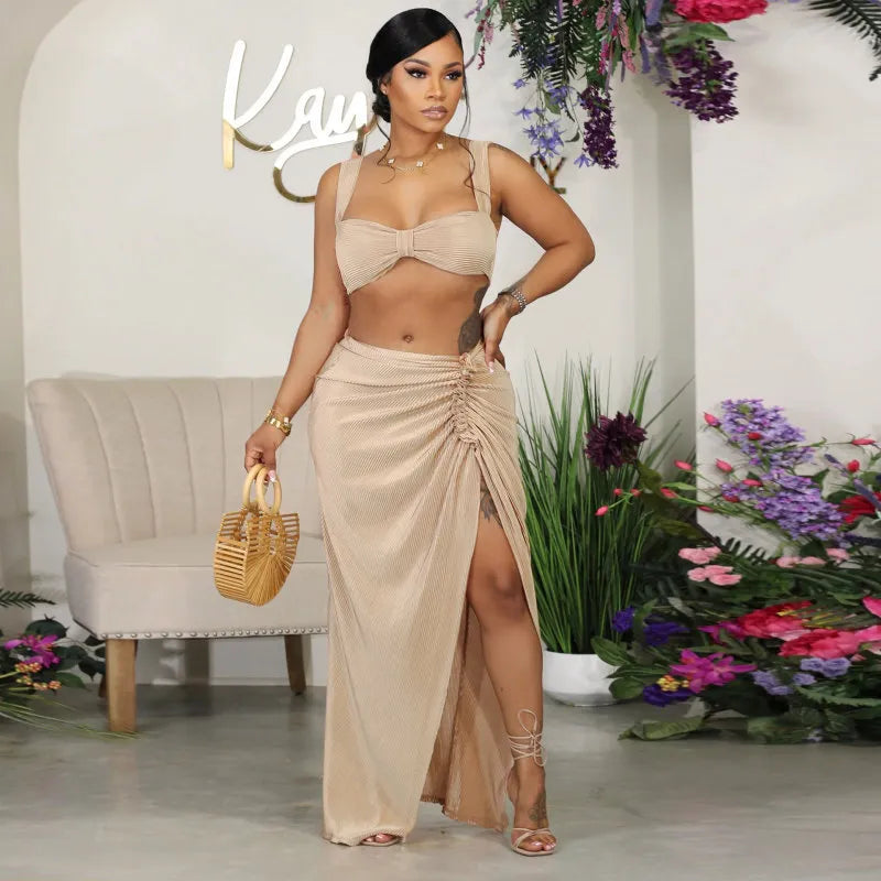 Women Fashion Sexy Solid Color Tank Crop Top Tight Front Split Skirts 2pcs-Set
