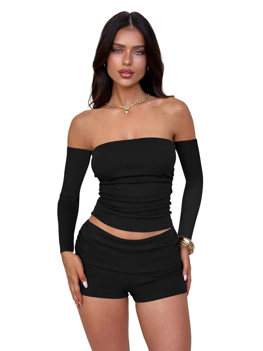 Women Fashion Sexy Solid Color Off Shoulder Long-Sleeve Top Slim-Fit Short Two-Piece Set