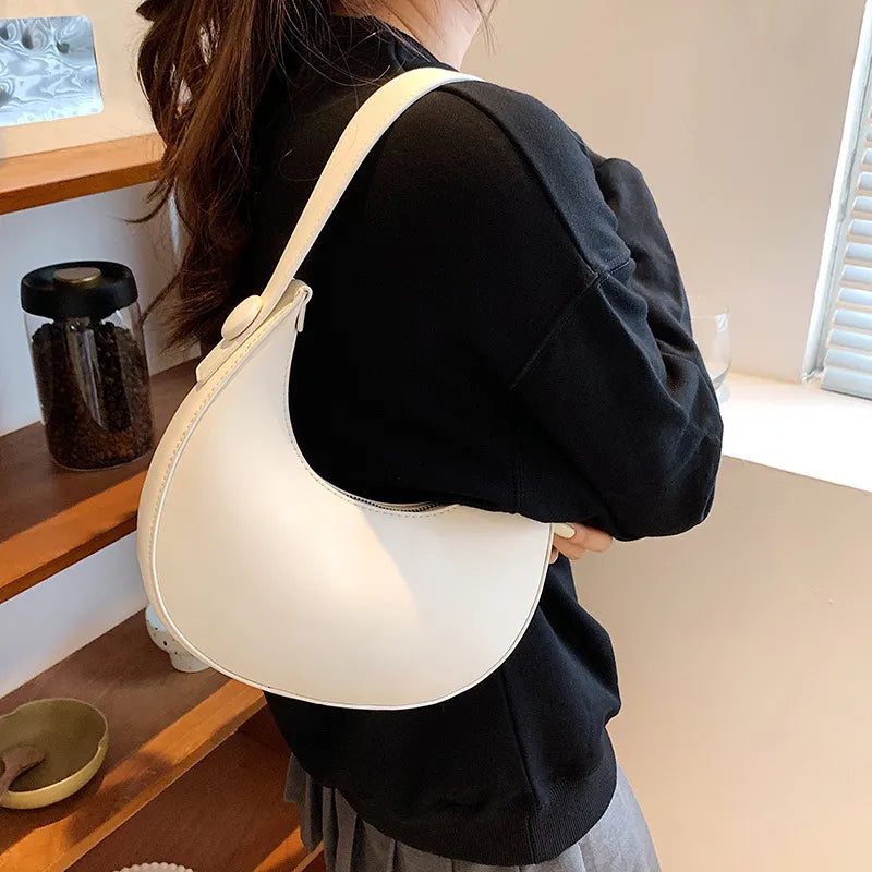 Simple Solid Color PU Zipper Half Circle Shoulder Underarm Bag