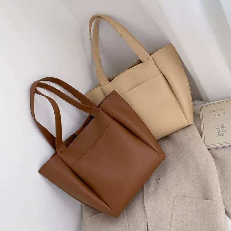 Basic Solid Color Large Capacity PU Shoulder Bag