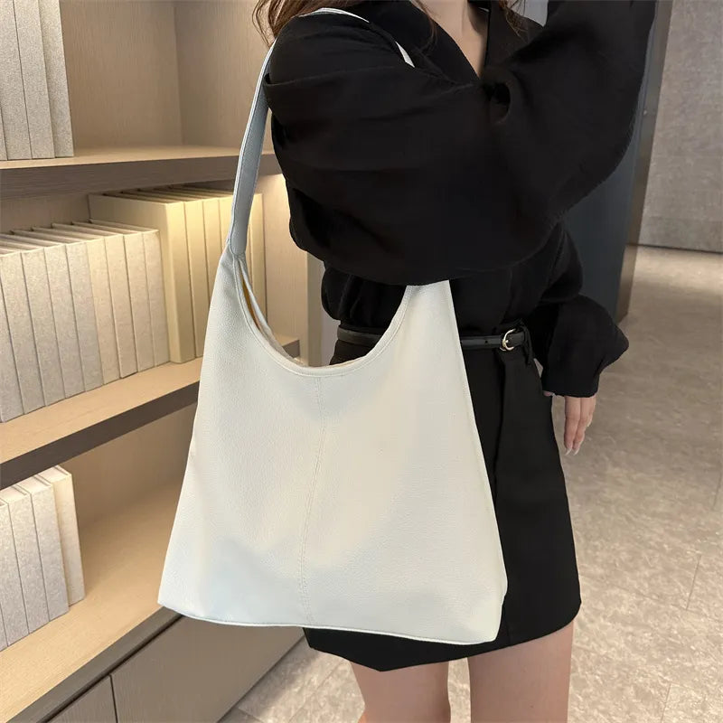 Fashionable Solid Color PU Large Capacity Shoulder Bag