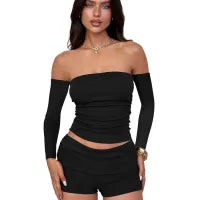 Women Fashion Sexy Solid Color Off Shoulder Long-Sleeve Top Slim-Fit Short Two-Piece Set