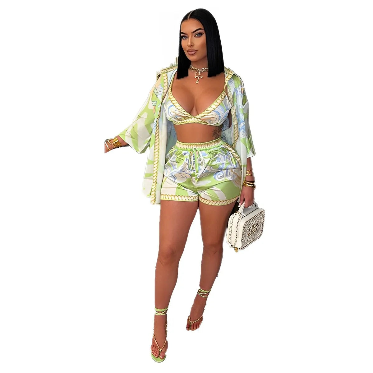 Women Fashion Casual Print Crop Top Lapel Short-Sleeve Coat Slim Fit Shorts Three-Piece Set