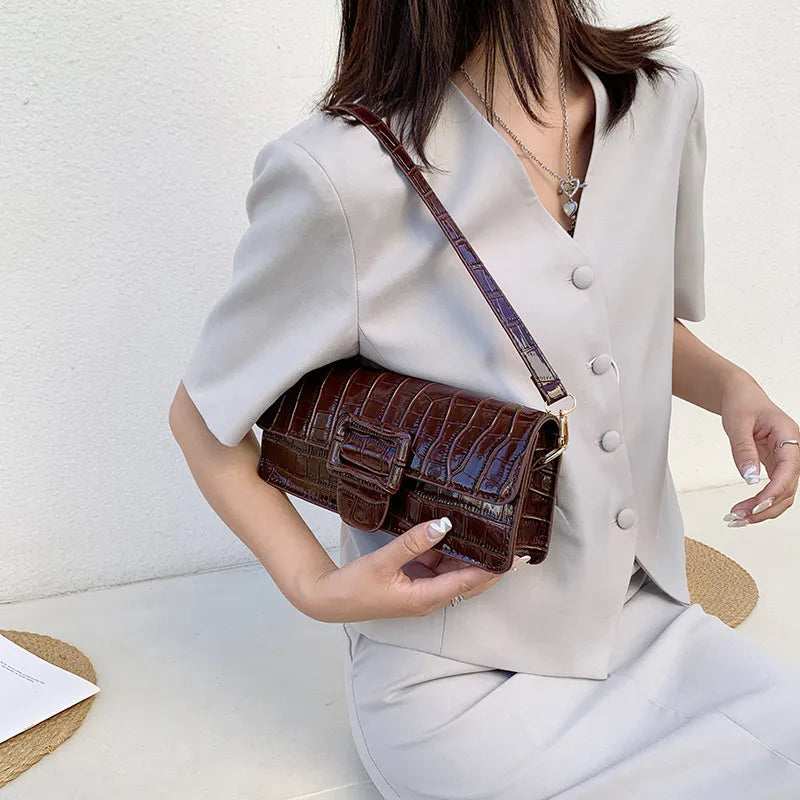 Crocodile Pattern Solid Color Shoulder Handle Bag