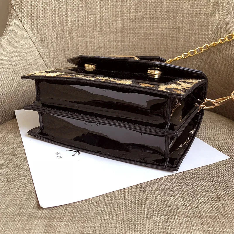 Women Chic Zipper Design Chain Design Leopard Pattern Square Crossbody Handle Bag