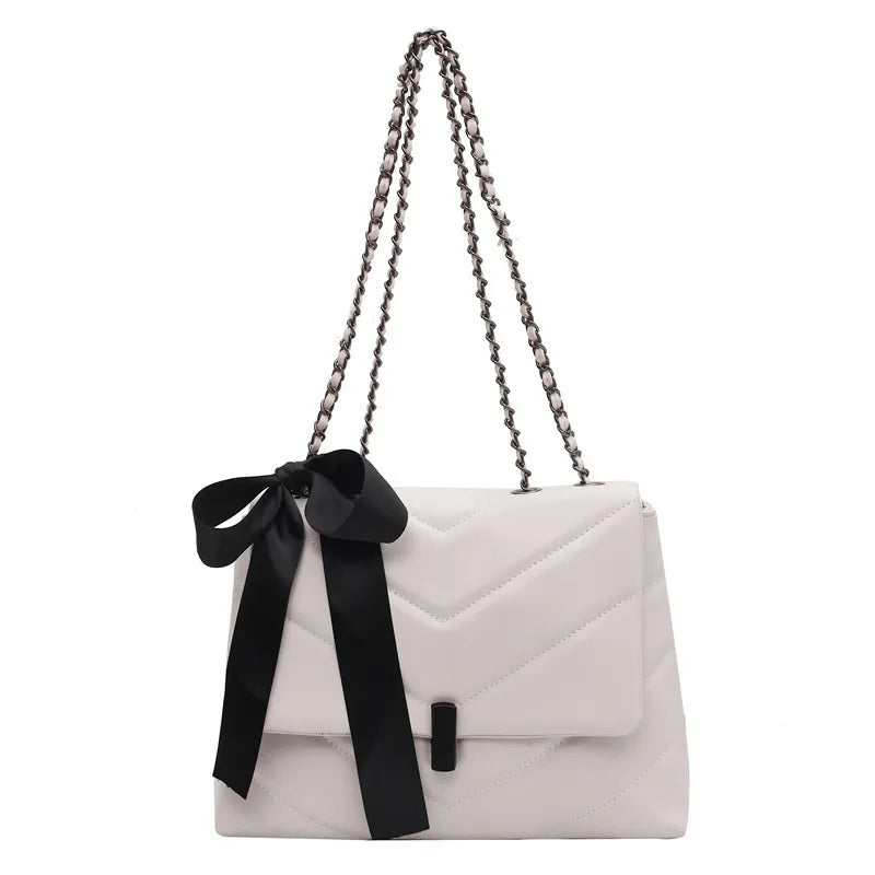 Women Autumn Elegant Chain Design Silk Scarf Decoration Solid Color PU Shoulder Bag