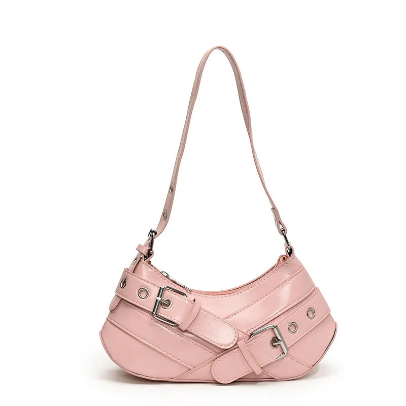 Women Fashion Casual Retro Solid Color Belt Baguette Shoulder Bag