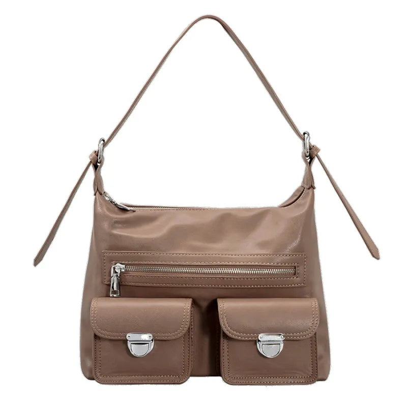 Women Fashion Simple Solid Leather Large Capacity Shoulder Zipper Underarm Bag