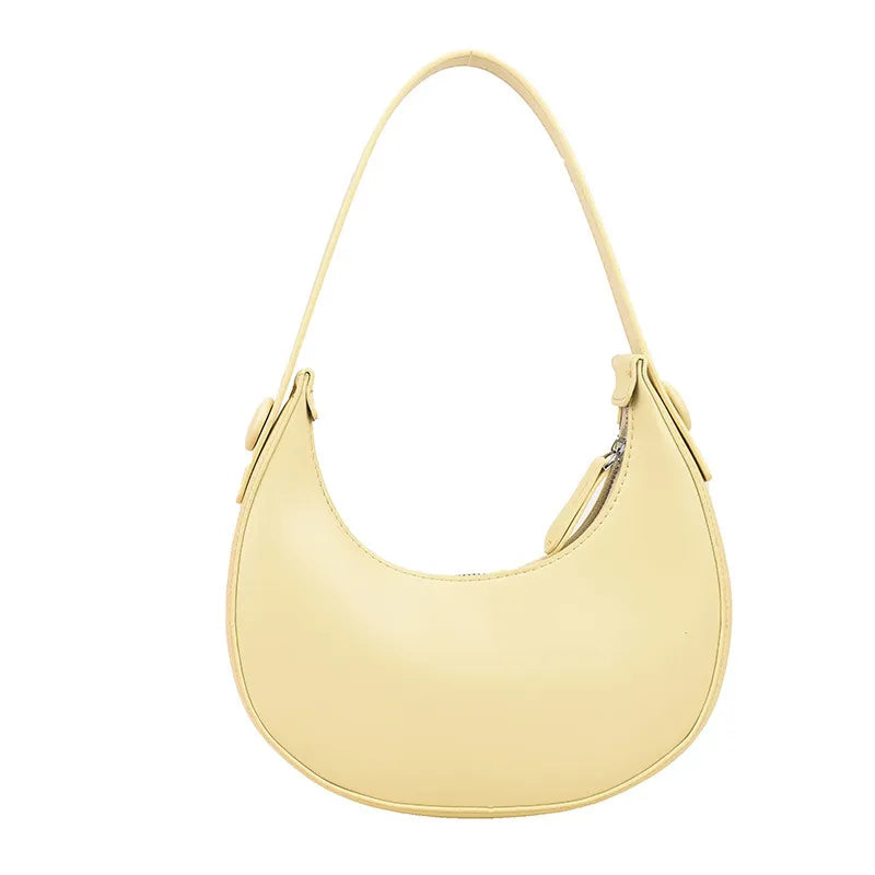 Simple Solid Color PU Zipper Half Circle Shoulder Underarm Bag
