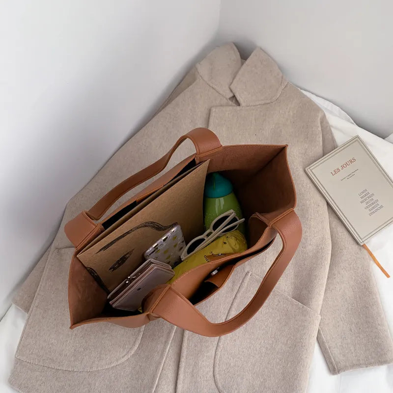 Basic Solid Color Large Capacity PU Shoulder Bag