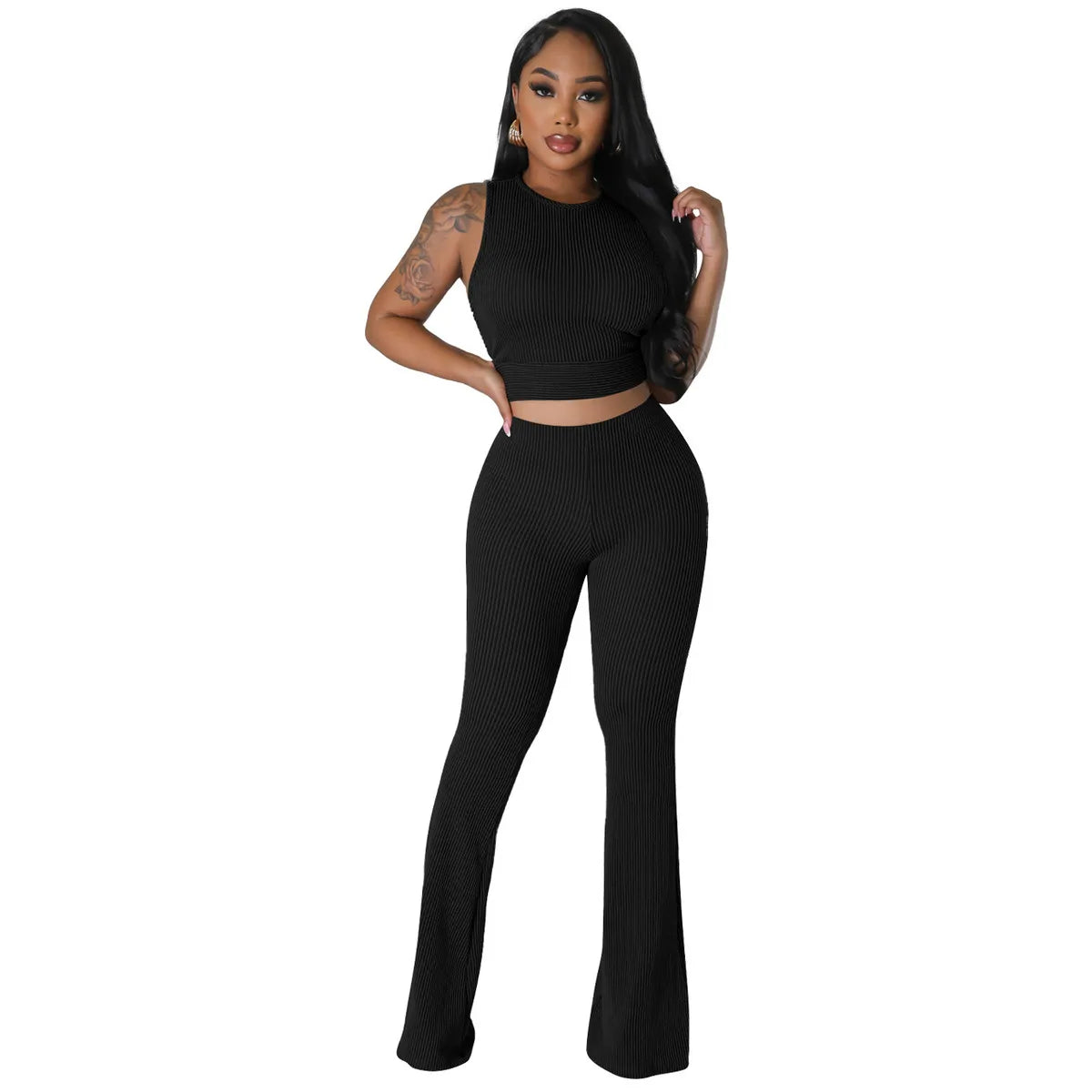 Women Fashion Casual Solid Color Pit Sleeveless Top Pants Two-Piece Set