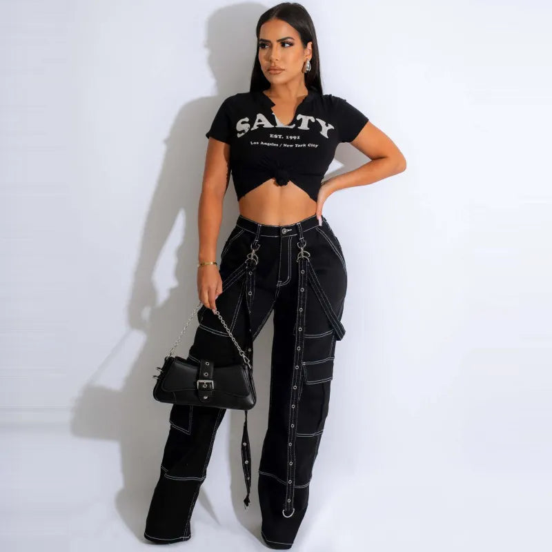 Women Fashion Loose Casual Multi-Pocket Denim Cargo Pants