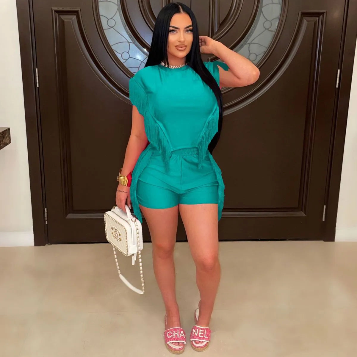 Women Fashion Solid Color Round Neck Tassel Short Sleeve Top Shorts Two-Piece Set
