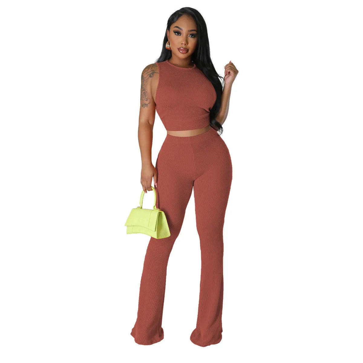 Women Fashion Casual Solid Color Pit Sleeveless Top Pants Two-Piece Set