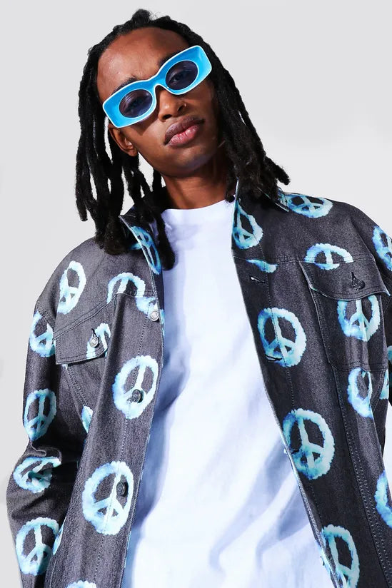Oversized All Over Peace Print Denim Jacket