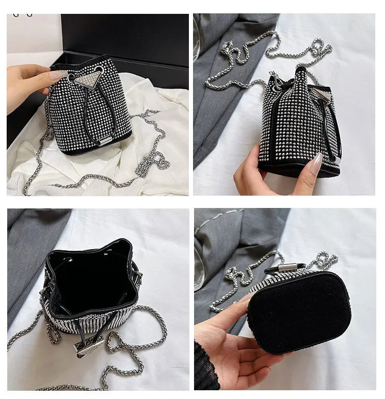 Children'S Fashion Rhinestone Drawstring Mini Bucket Bag