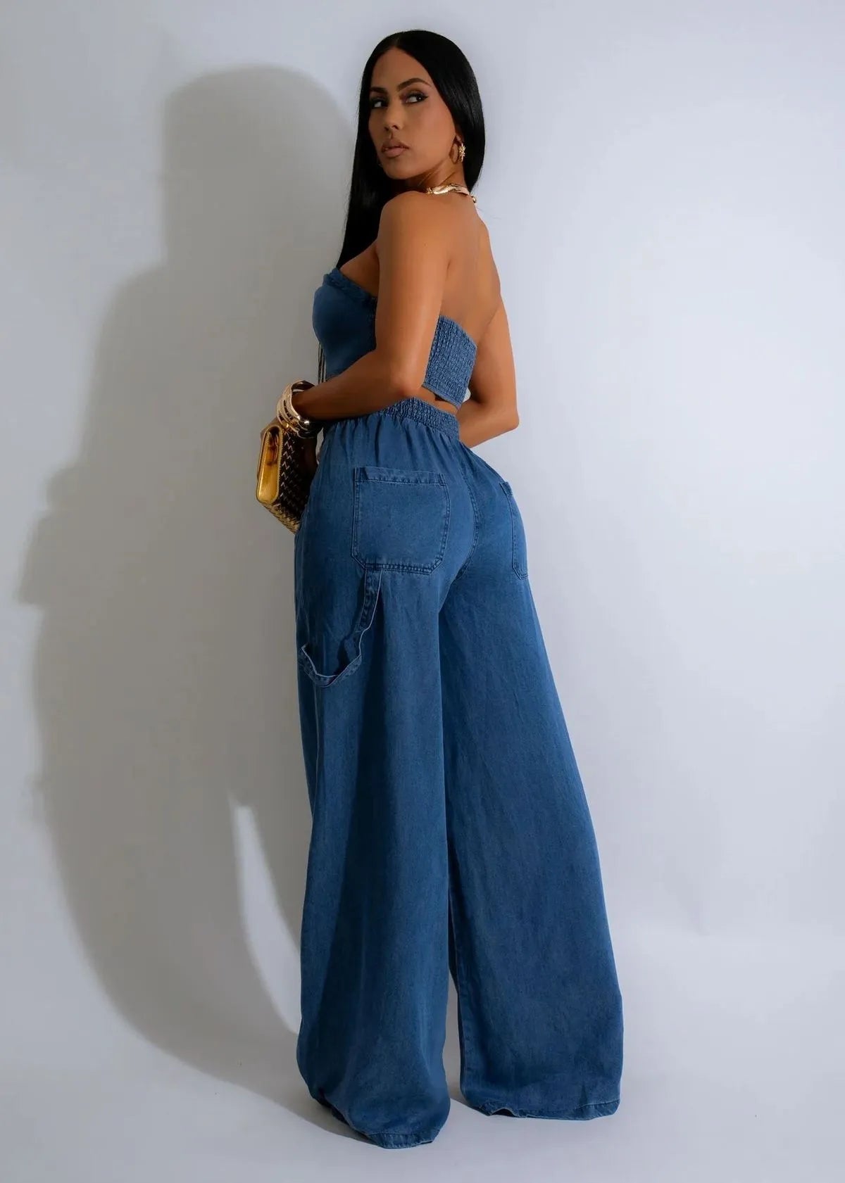 Women Fashion Casual Denim Tube Top Wide Leg Lace-Up Jeans Two-Piece Set