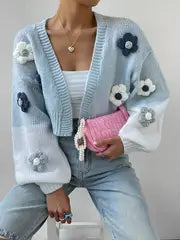 3D Flower Colored Drop Shoulder Sleeves Cardigan