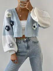 3D Flower Colored Drop Shoulder Sleeves Cardigan